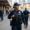 Police officer wearing modern body worn camera during patrol