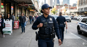 Police officer wearing modern body worn camera during patrol